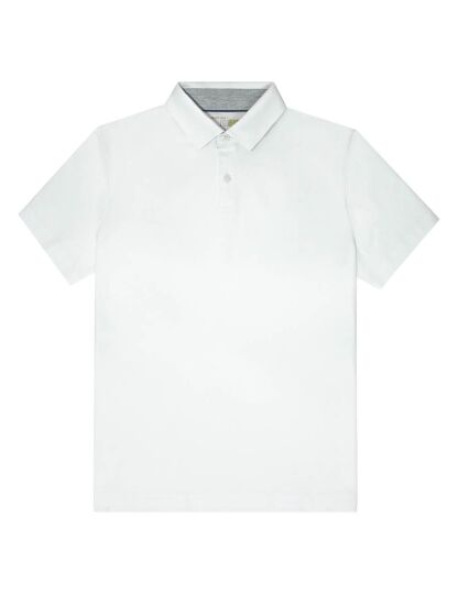 Solid White Pima Cotton Hidden Button Down Collar Slim Fit Short Sleeve Polo T-Shirt